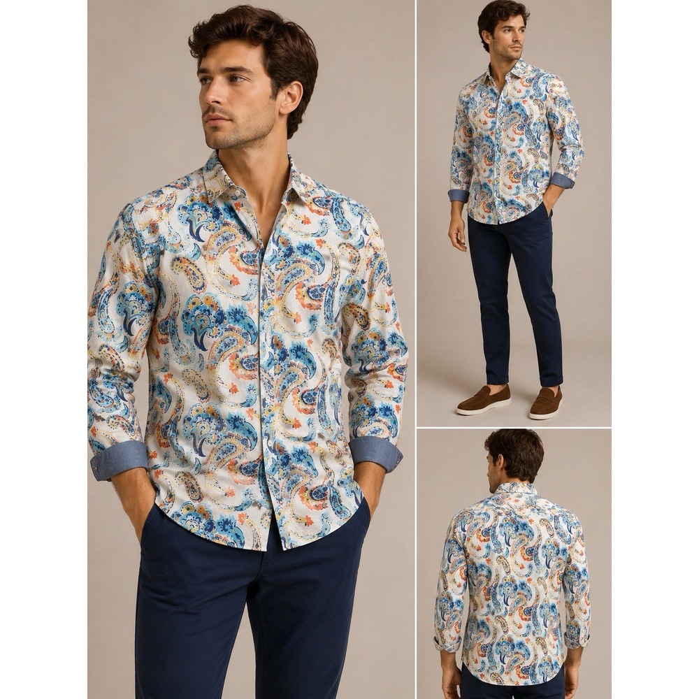 Cremieux Premium Denim Men's XL Paisley Button Front Shirt Blue White Cotton